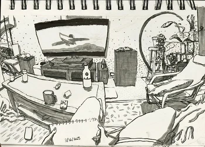 The finished living room drawing in ink and grey marker, fully shaded with a landscape on the TV screen, dated 3/16/2025