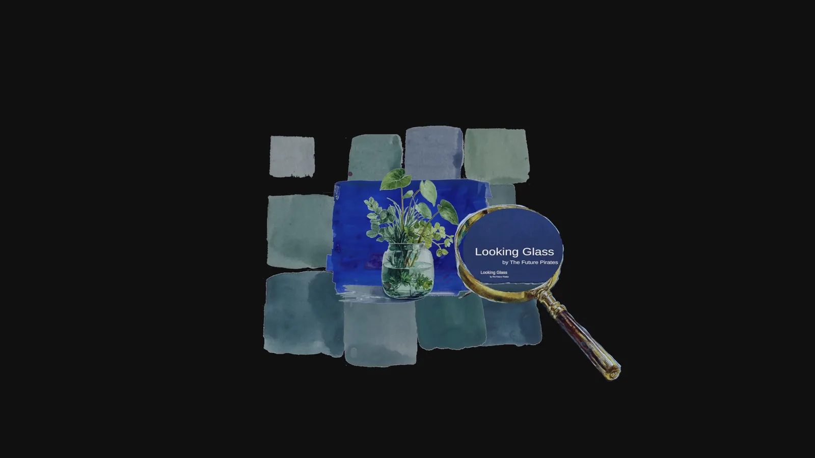 Render of the Looking Glass splash screen: watercolor swatches, a plant in a glass vase, and a magnifying glass showing the title