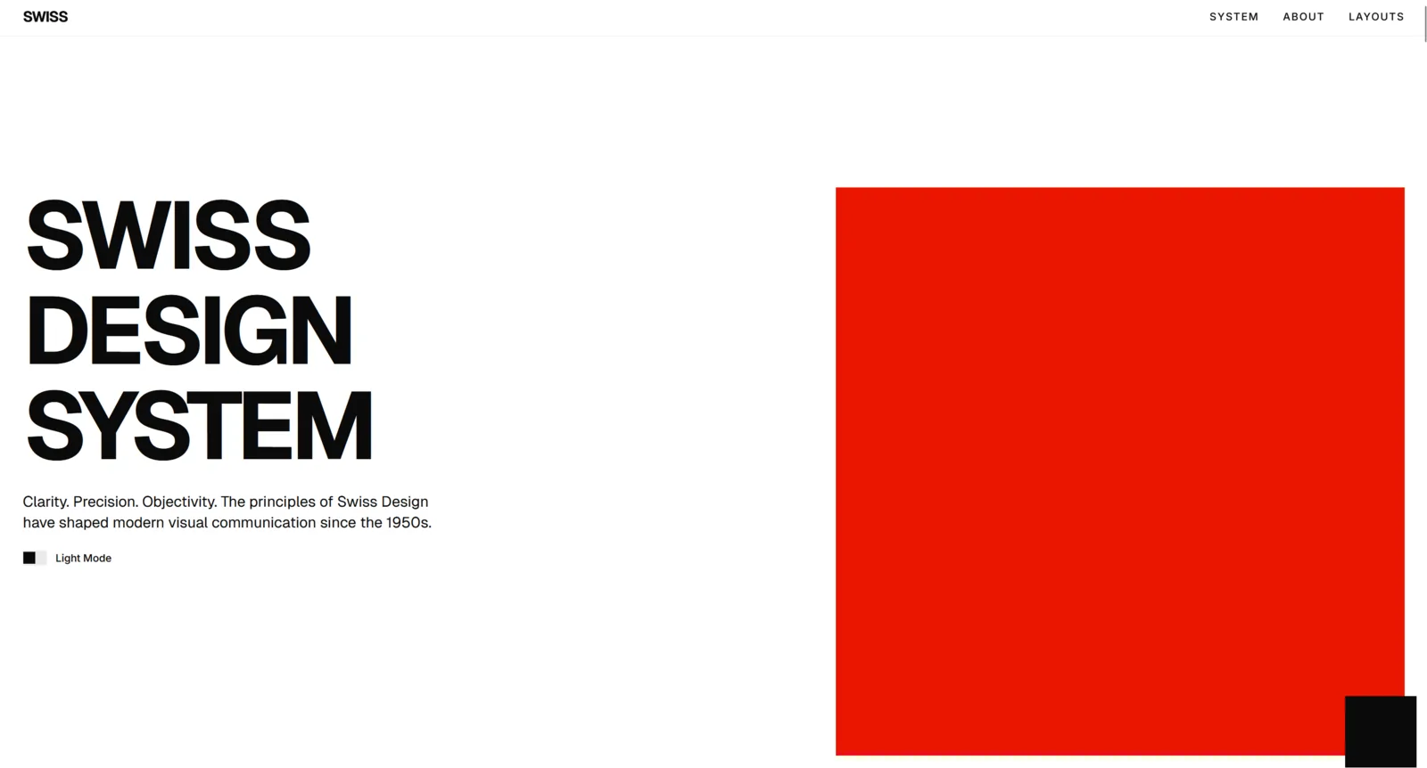 Landing page of Dolores’ Swiss Design System: huge black “SWISS DESIGN SYSTEM” type on white beside a large red square