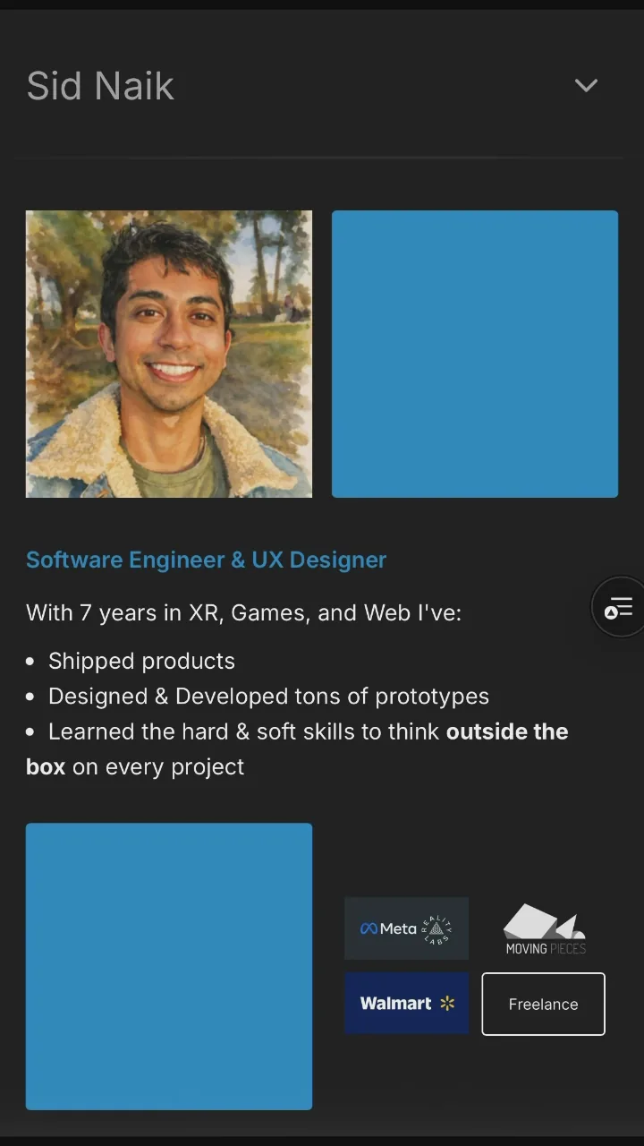 Mobile landing page where a glitch shader swaps the profile photo for a watercolor version