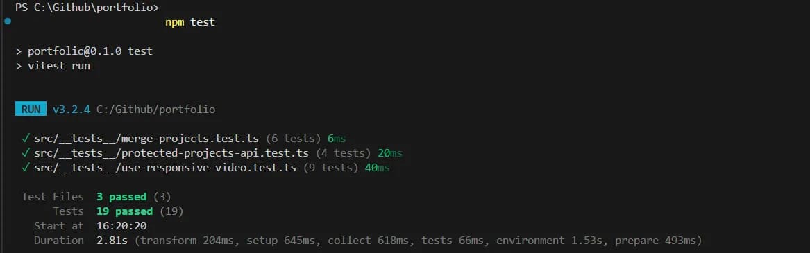 Terminal output of npm test running Vitest: 3 test files and 19 tests passed